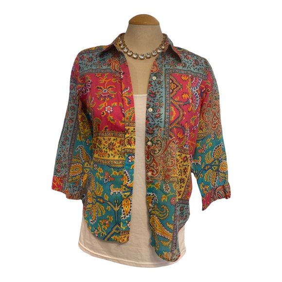 LAUREN RALPH LAUREN Petite Blouse Sz Sm Cotton Bohemian Colourful - Picture 5 of 8